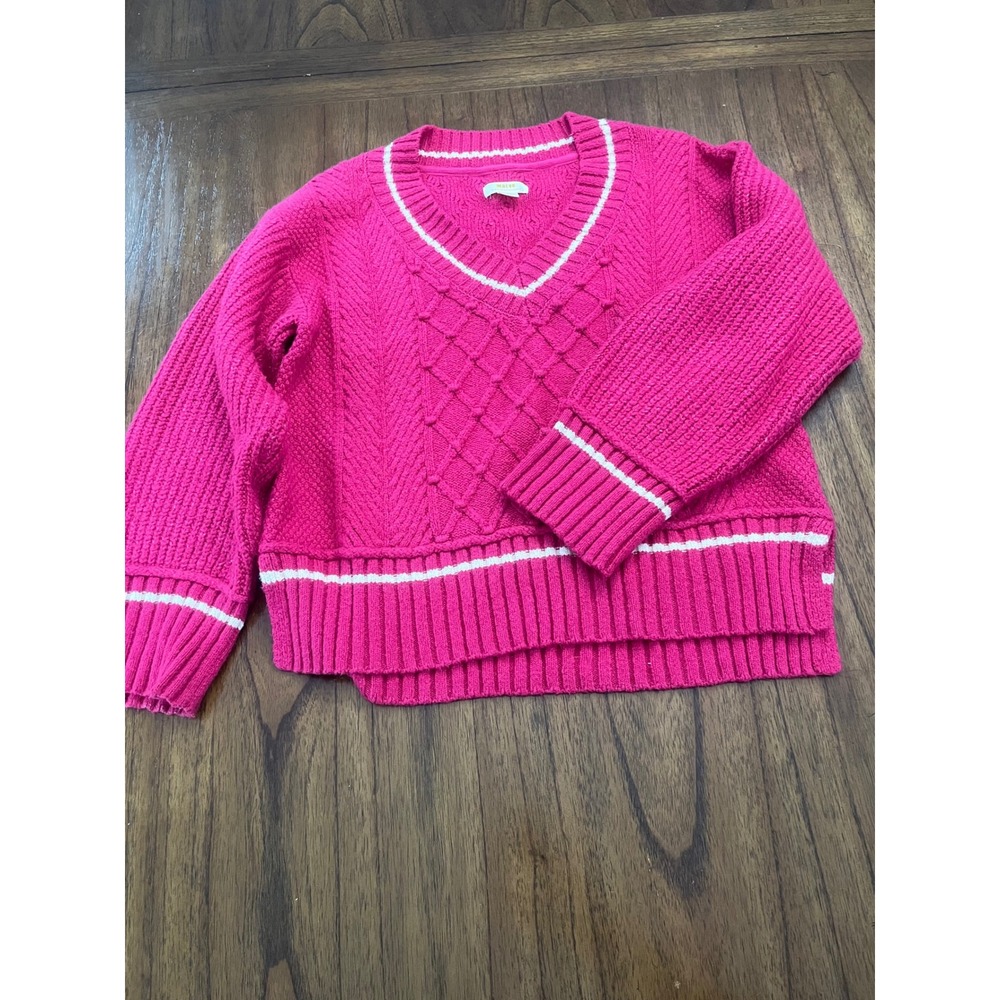 Maeve Anthropologie Hot Pink Cable Knit V-Neck Tipped Varsity Sweater Medium - Picture 5 of 10